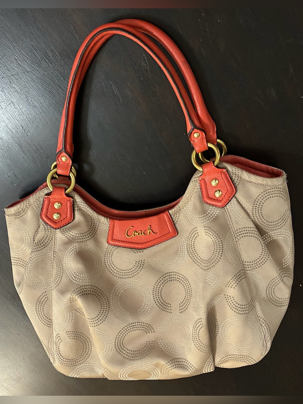 Coach Bag Ashley Tote Dotted Op Art Khaki & Tea Rose Leather Satchel  Hobo